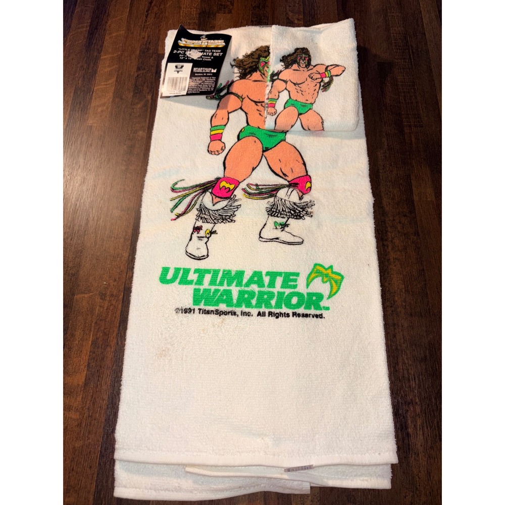 Vintage 1991 WWF Ultimate Warrior Towel Set McArthur Towels 2-Piece New Tags